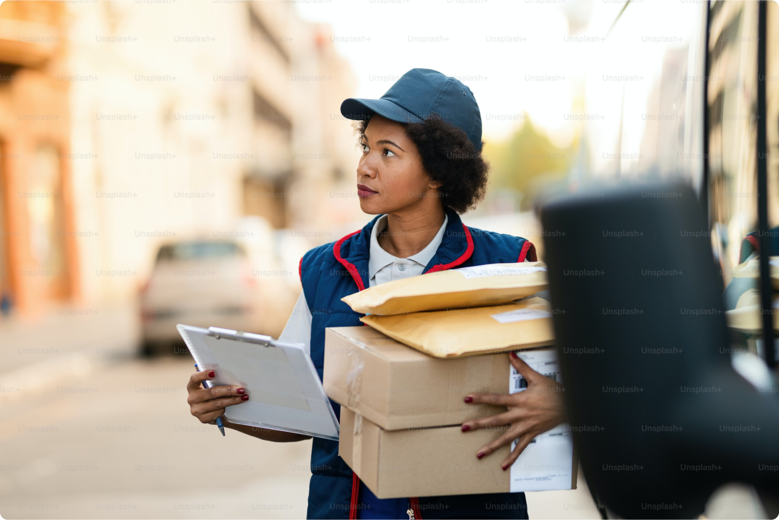 A delivery woman with delivery boxes and a note pad checking out an address
